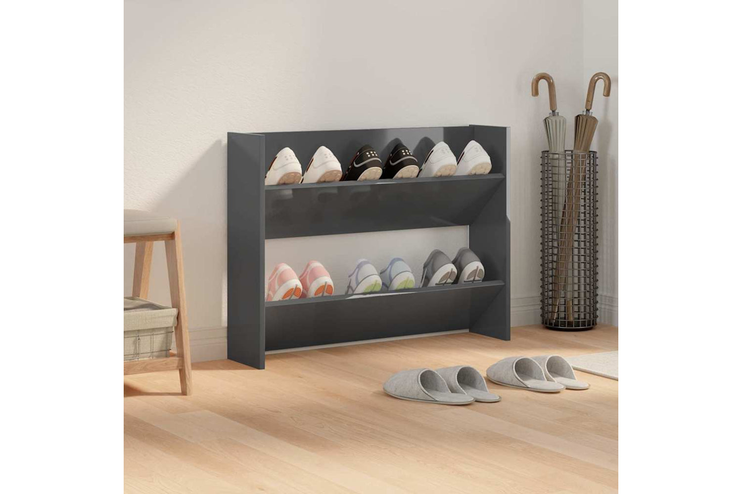 vidaXL 806757 Wall Shoe Cabinet High Gloss Grey 80x18x60cm Engineered Wood-2