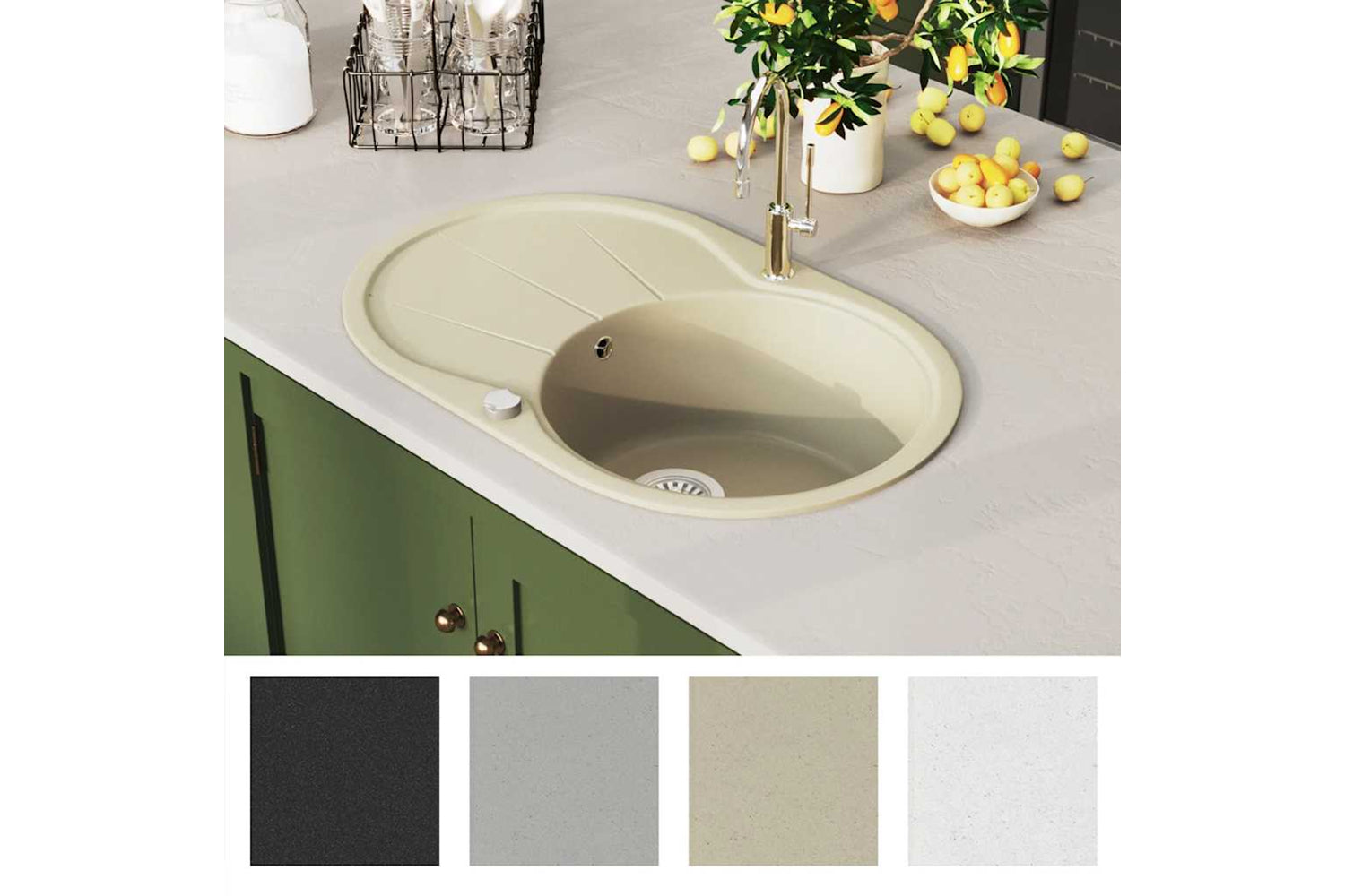 Vidaxl Granite Kitchen Sink Single Basin Oval Beige-2