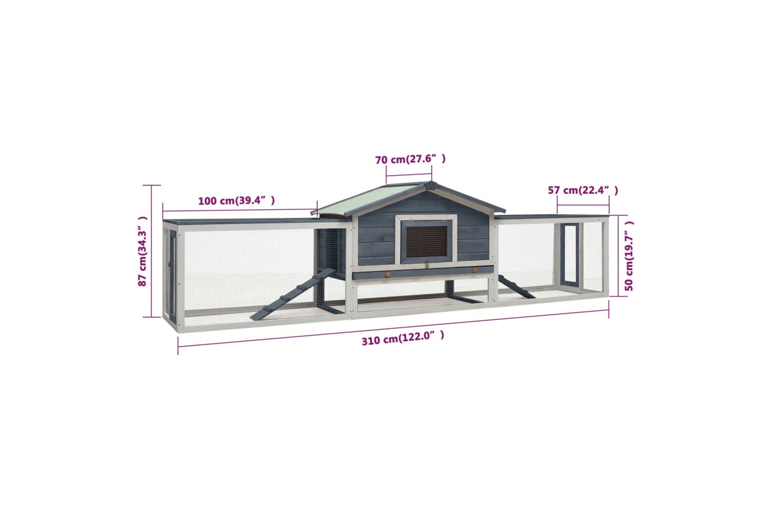 vidaXL 170858 Rabbit Hutch Grey 310x70x87cm Solid Pine & Fir Wood-8