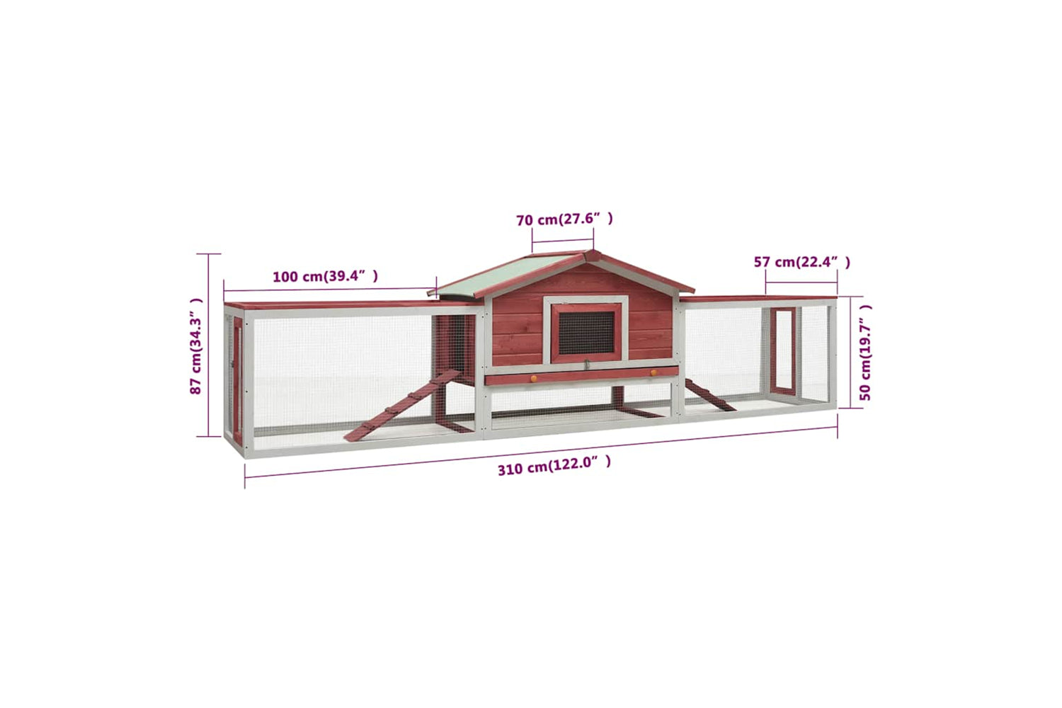 vidaXL 170860 Rabbit Hutch Red 310x70x87cm Solid Pine & Fir Wood-8