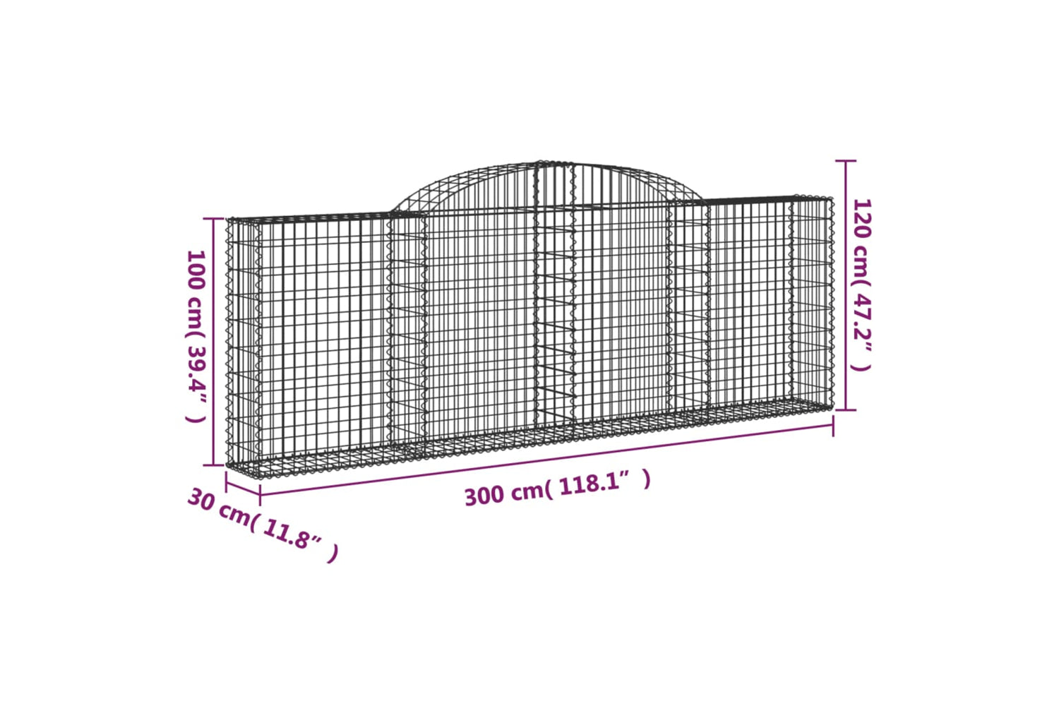 vidaXL 153505 Arched Gabion Basket 300x30x100/120cm Galvanised Iron-4