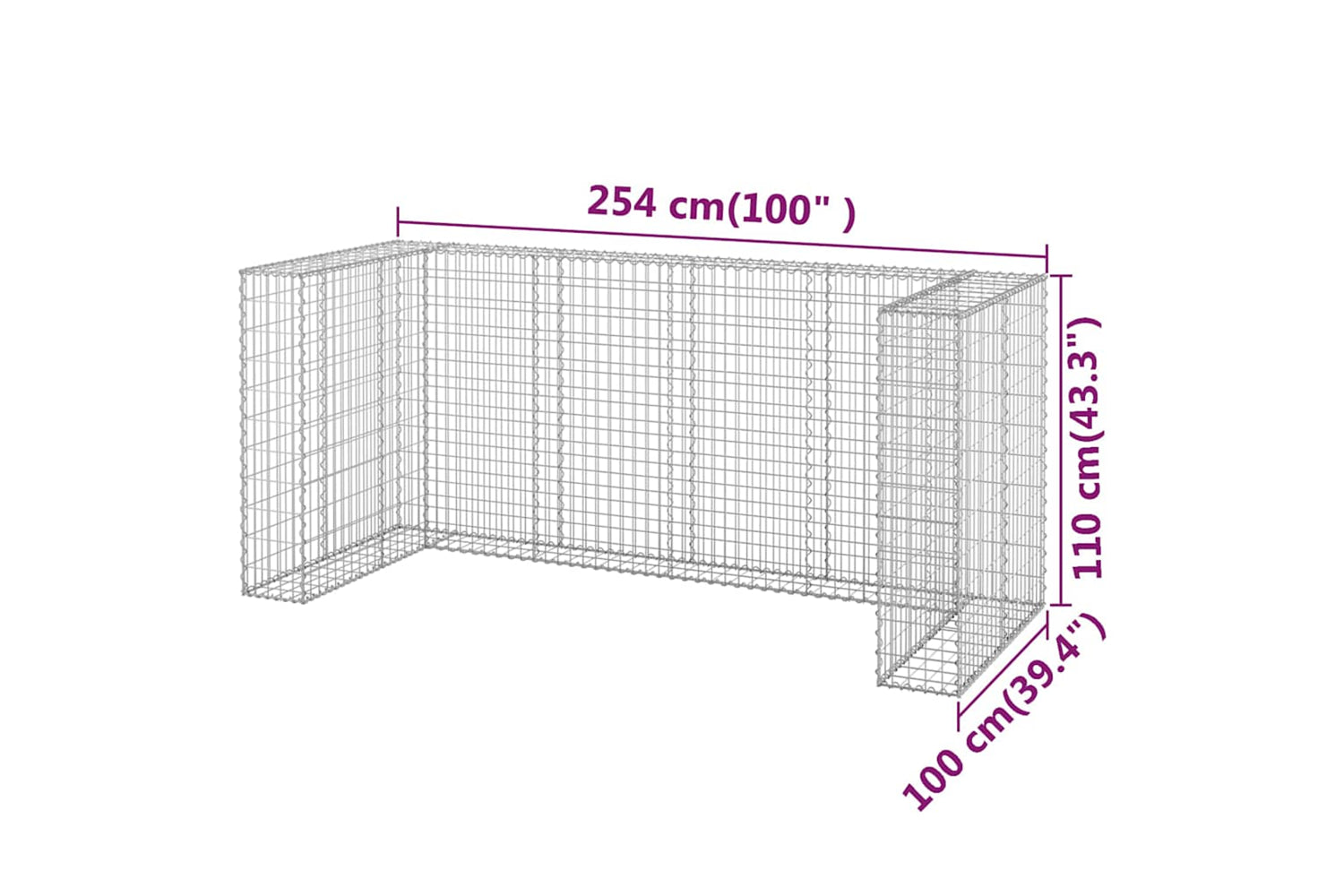 vidaXL 151300 Gabion Wall For Garbage Bins Galvanised Steel 254x100x110cm-7