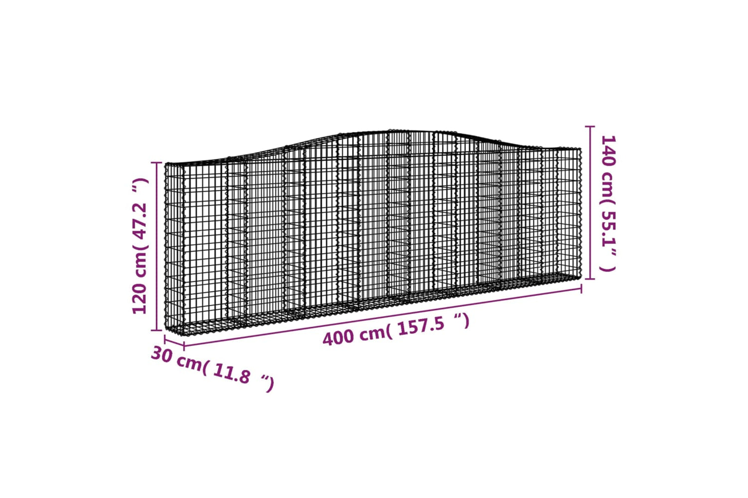 vidaXL 3145839 Arched Gabion Baskets 2 Pcs 400x30x120/140cm Galvanised Iron-5