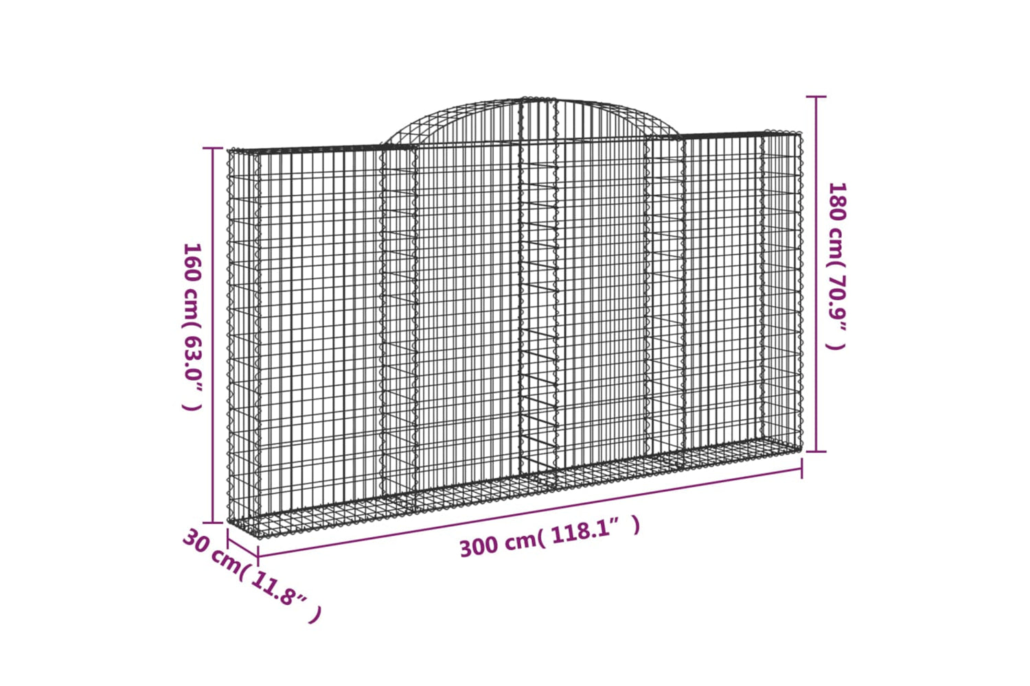 vidaXL 3146575 Arched Gabion Baskets 2 Pcs 300x30x160/180cm Galvanised Iron-5