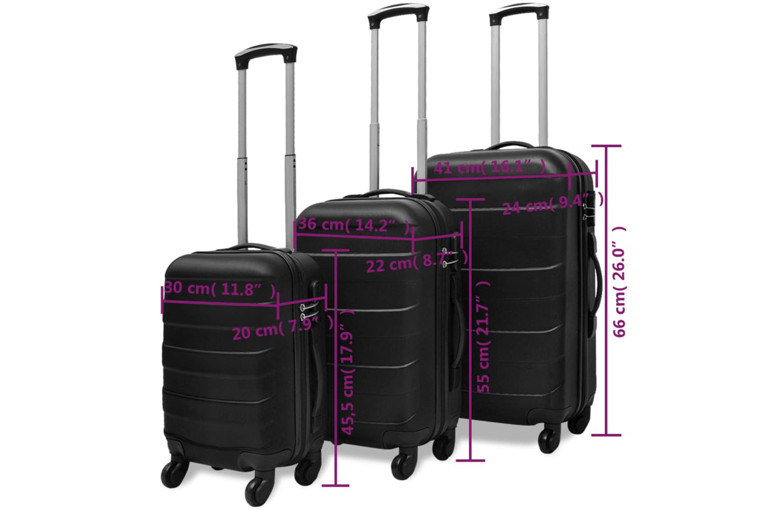 vidaXL Three Piece Hardcase Trolley Set Black 45.5/55/66cm-6