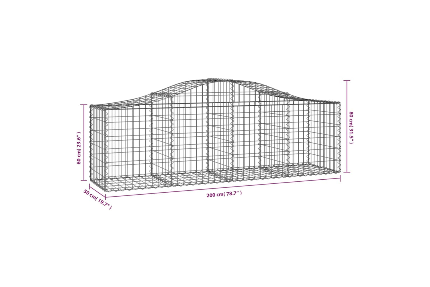 vidaXL 3145605 Arched Gabion Baskets 9 Pcs 200x50x60/80cm Galvanised Iron-5