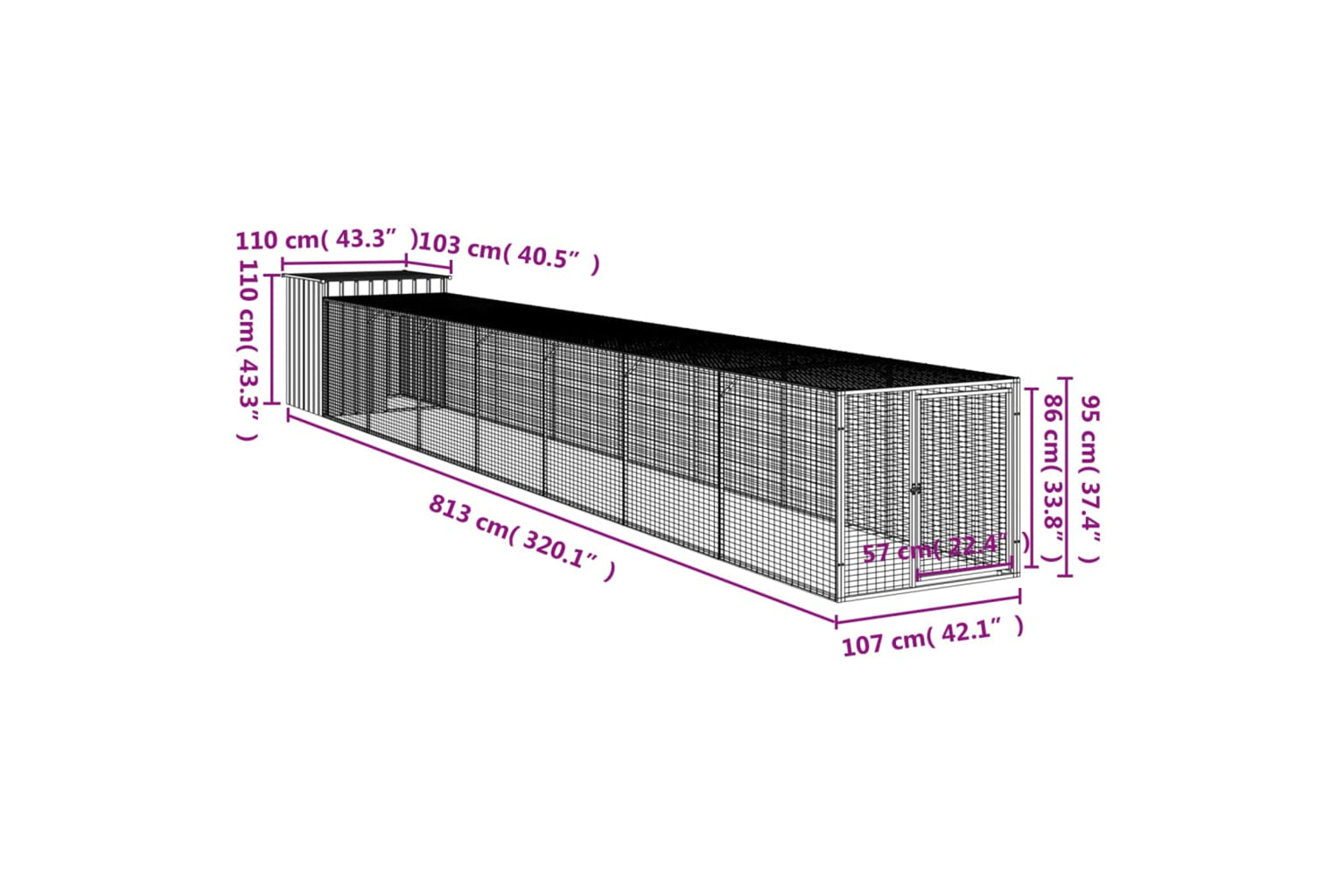 vidaXL 3189096 Chicken Cage With Run Light Grey 110x813x110cm Galvanised Steel-7