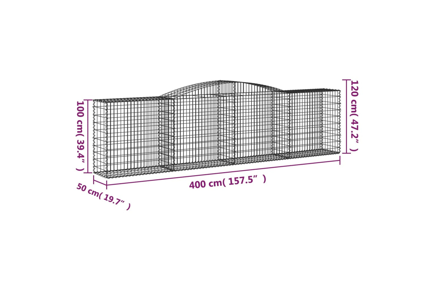 vidaXL 3146997 Arched Gabion Baskets 3 Pcs 400x50x100/120cm Galvanised Iron-5