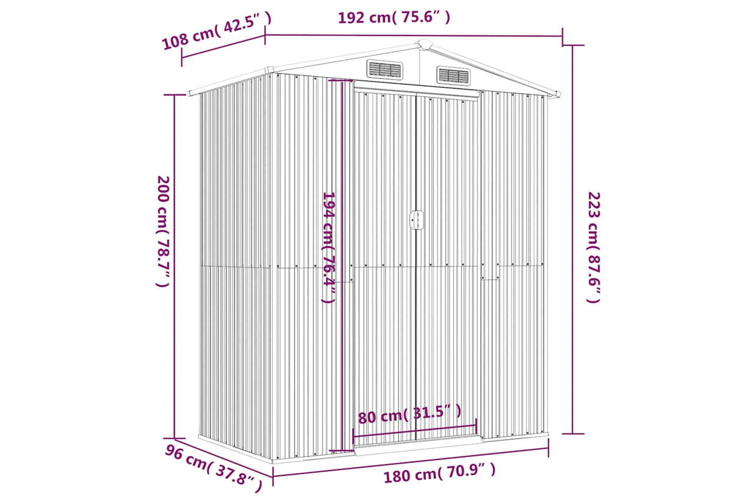 vidaXL Garden Shed Anthracite 192x108x223cm Galvanised Steel-7
