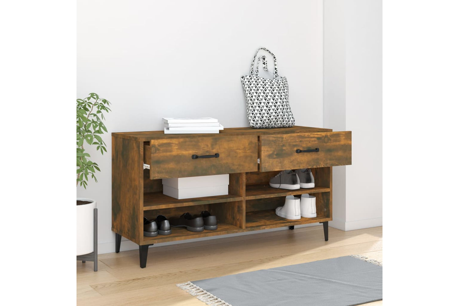 vidaXL 817570 Shoe Cabinet Smoked Oak 102x35x55cm Engineered Wood-2