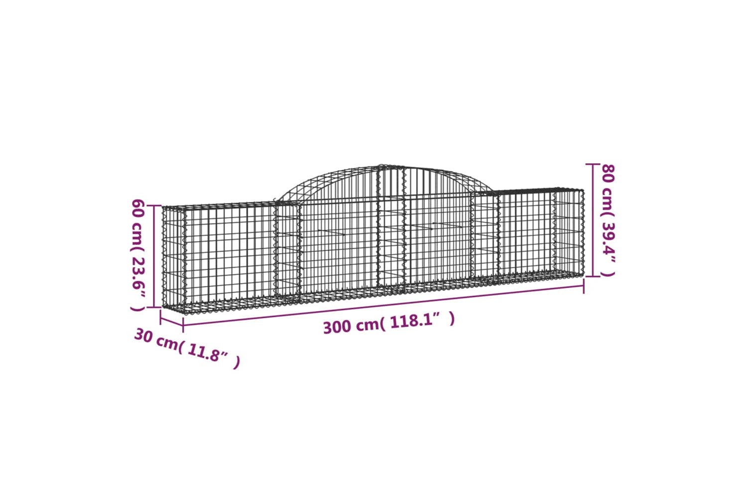 vidaXL 3146493 Arched Gabion Baskets 10 Pcs 300x30x60/80cm Galvanised Iron-5