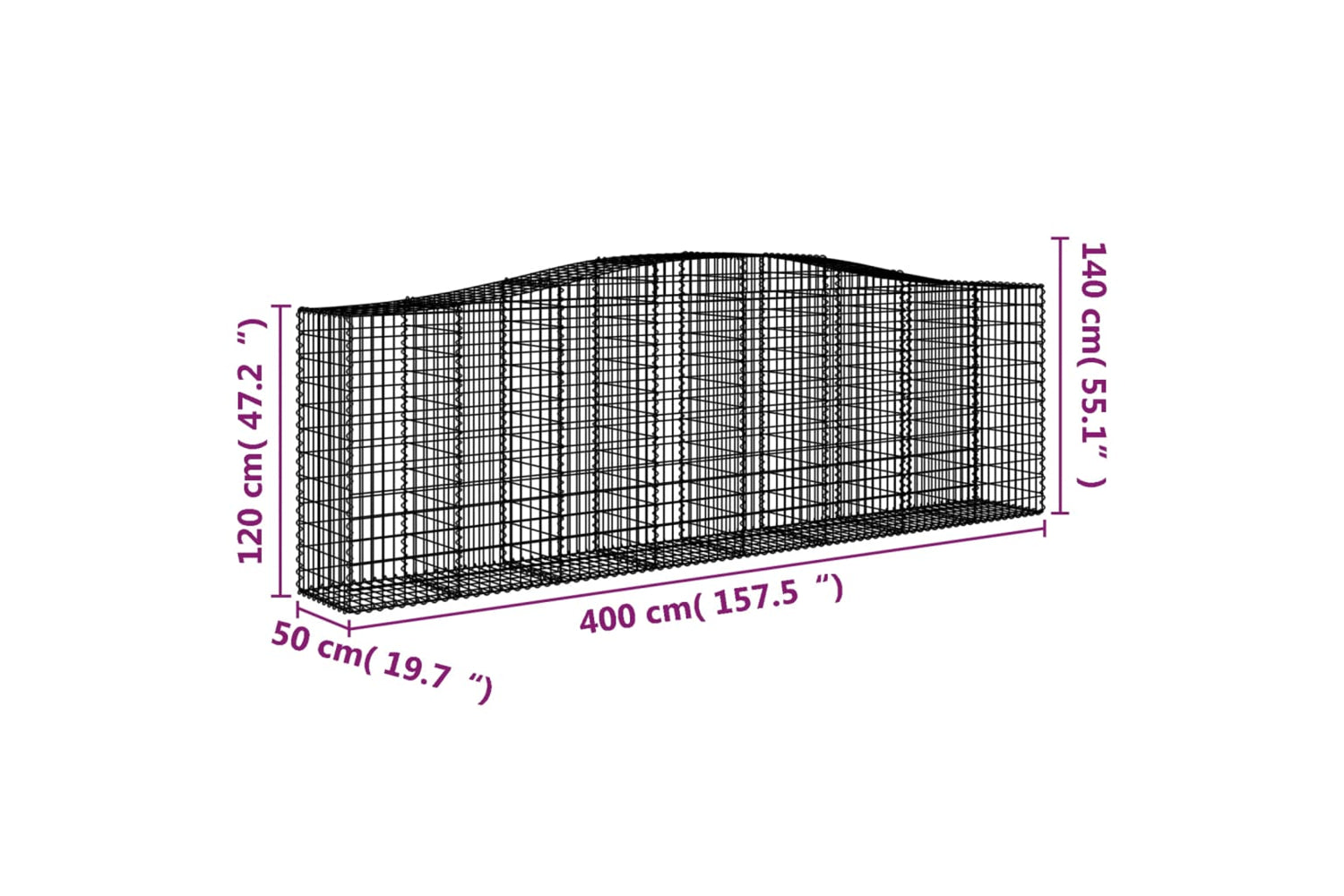 vidaXL 3145969 Arched Gabion Baskets 2 Pcs 400x50x120/140cm Galvanised Iron-5