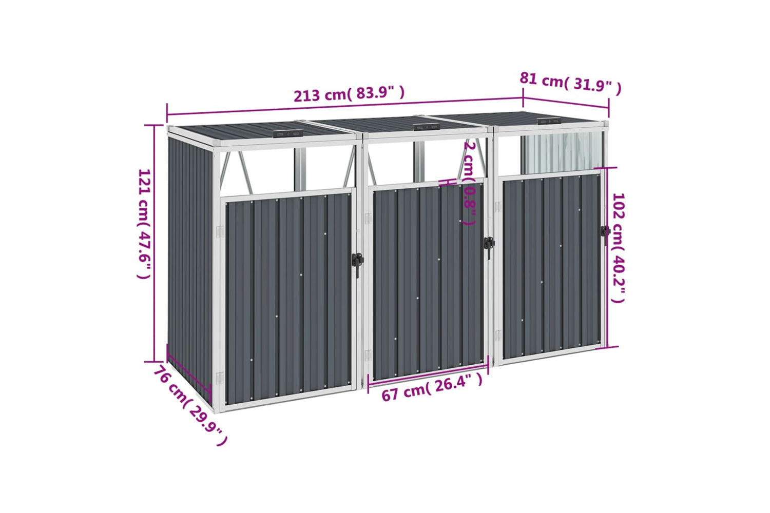 vidaXL Triple Garbage Bin Shed Grey 213x81x121cm Steel-5