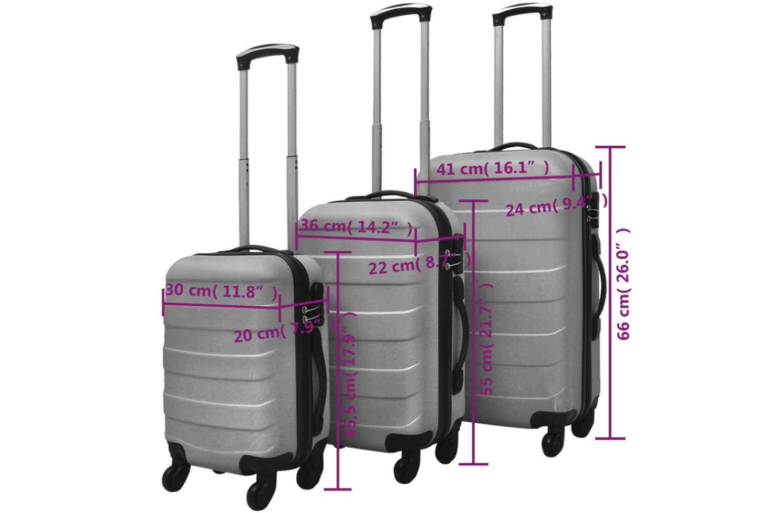 vidaXL Three Piece Hardcase Trolley Set Silver 45.5/55/66cm-6