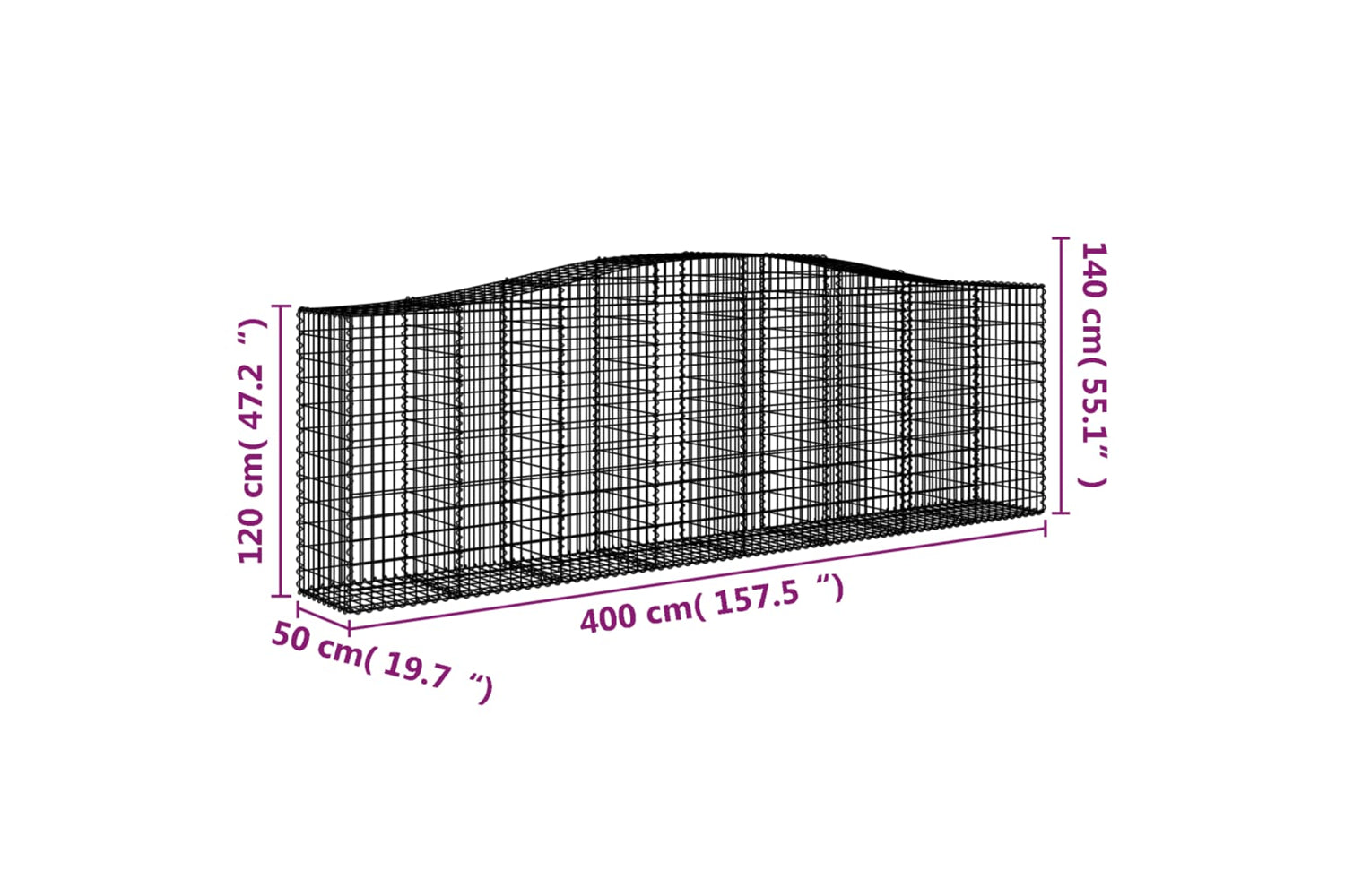 vidaXL 3145971 Arched Gabion Baskets 4 Pcs 400x50x120/140cm Galvanised Iron-5