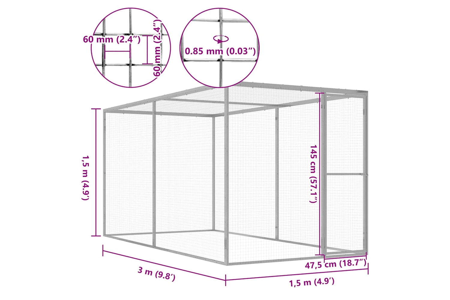 Vidaxl Cat Cage 3x1.5x1.5 M Galvanised Steel-5