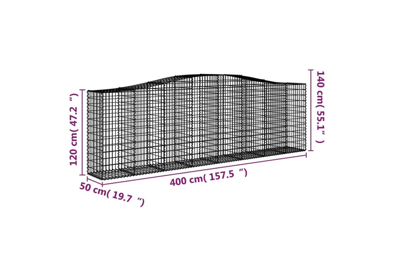 vidaXL 3145970 Arched Gabion Baskets 3 Pcs 400x50x120/140cm Galvanised Iron-5