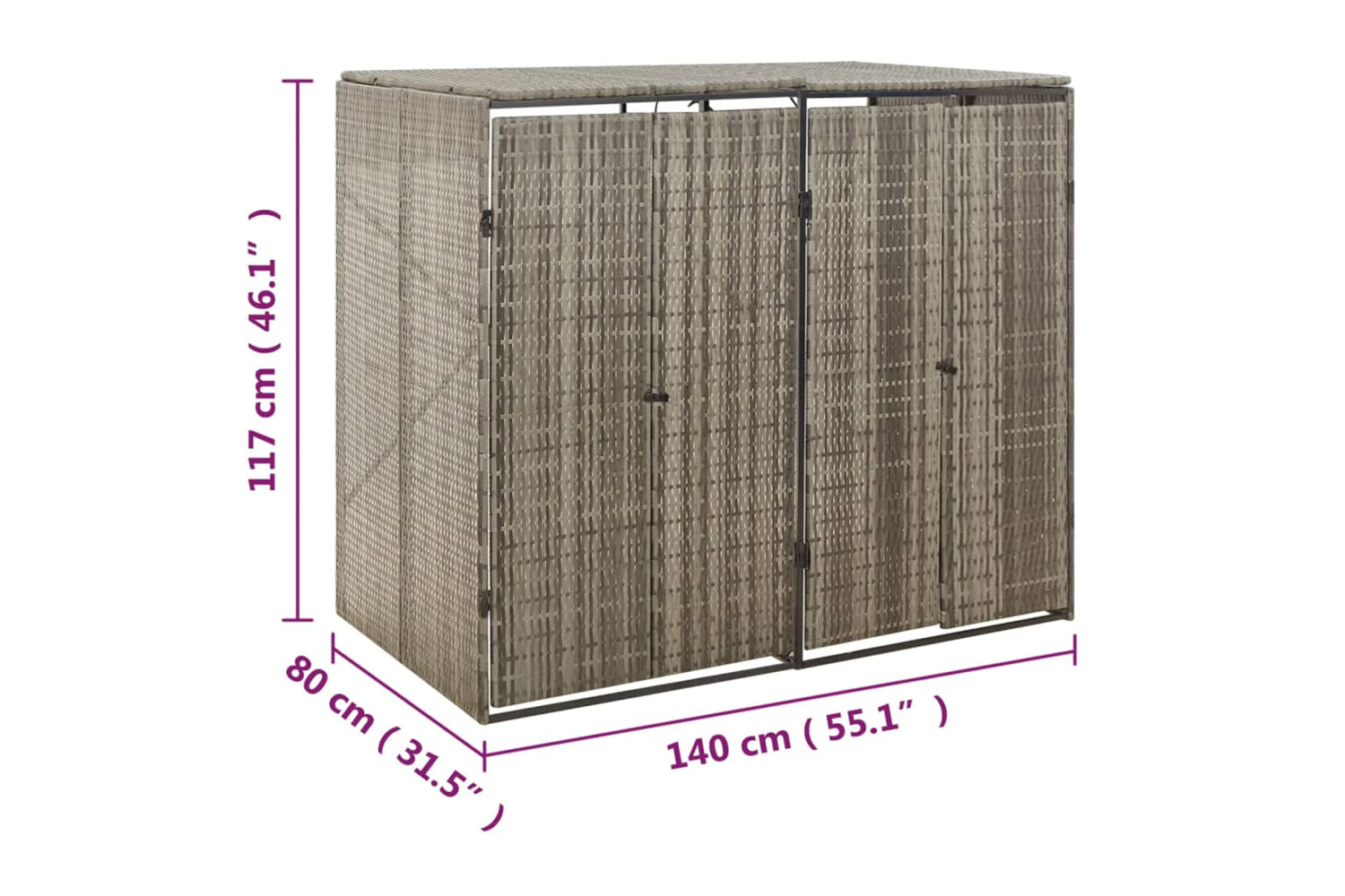 vidaXL 319865 Double Wheelie Bin Shed Grey 140x80x117cm Poly Rattan-7