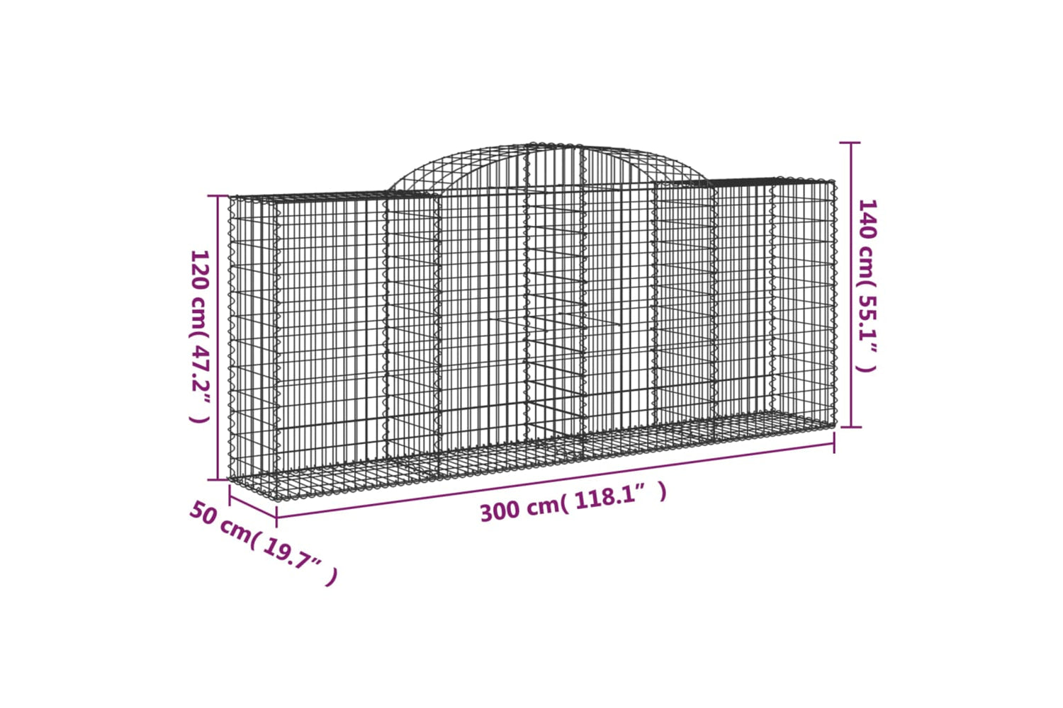 vidaXL 3146721 Arched Gabion Baskets 4 Pcs 300x50x120/140cm Galvanised Iron-5
