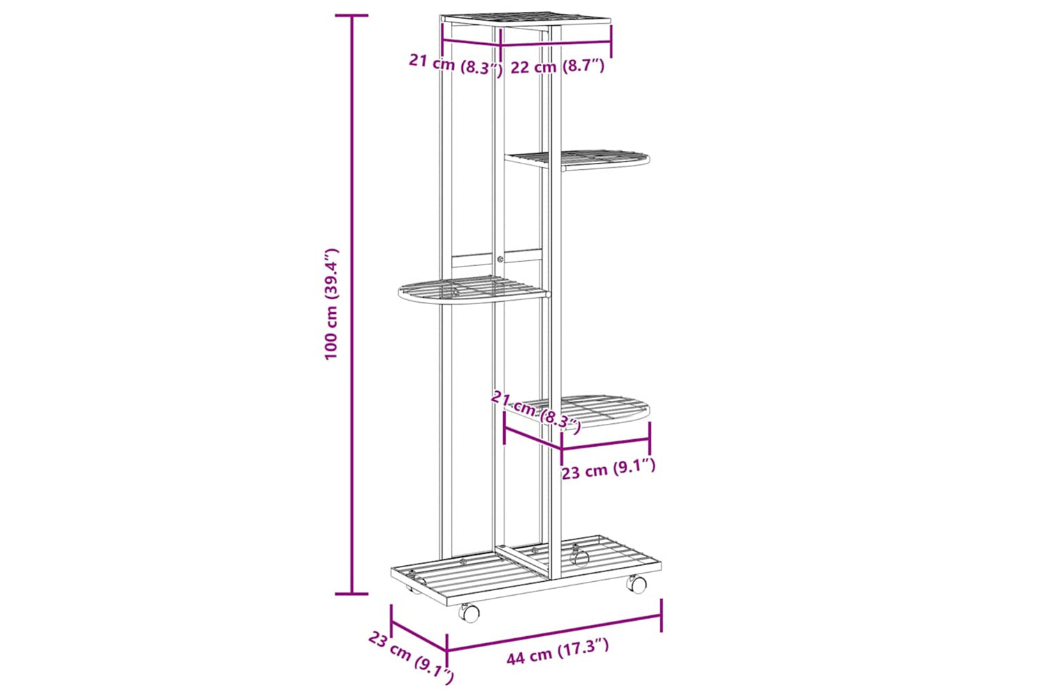 vidaXL 343117 5-floor Flower Stand With Wheels 44x23x100cm Black Iron-8