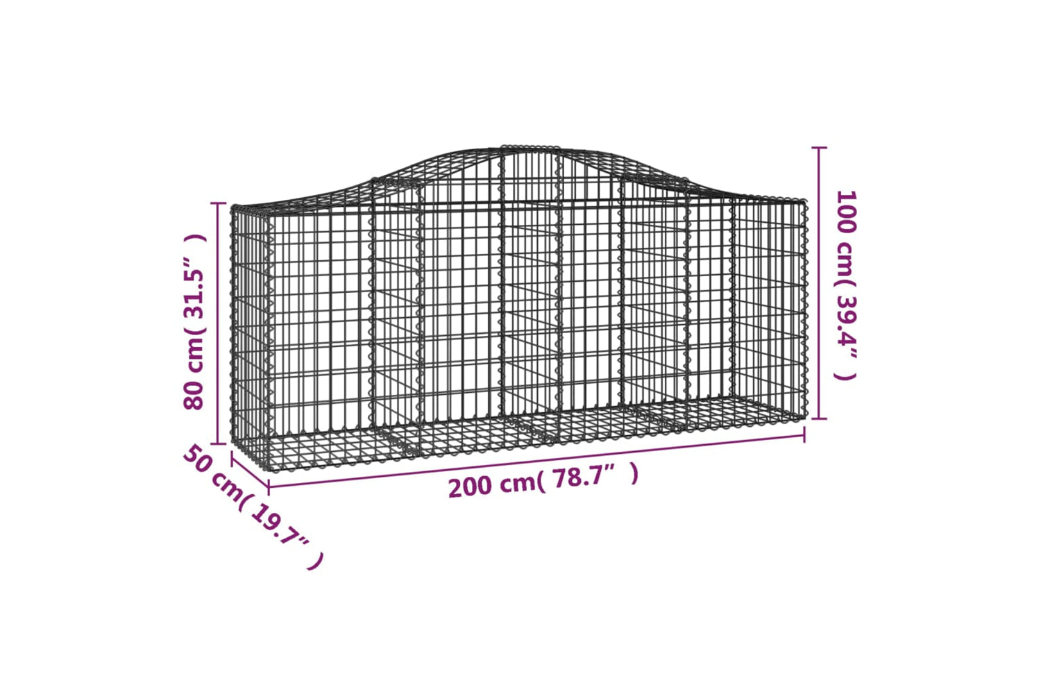 vidaXL 3145627 Arched Gabion Baskets 10 Pcs 200x50x80/100cm Galvanised Iron-5