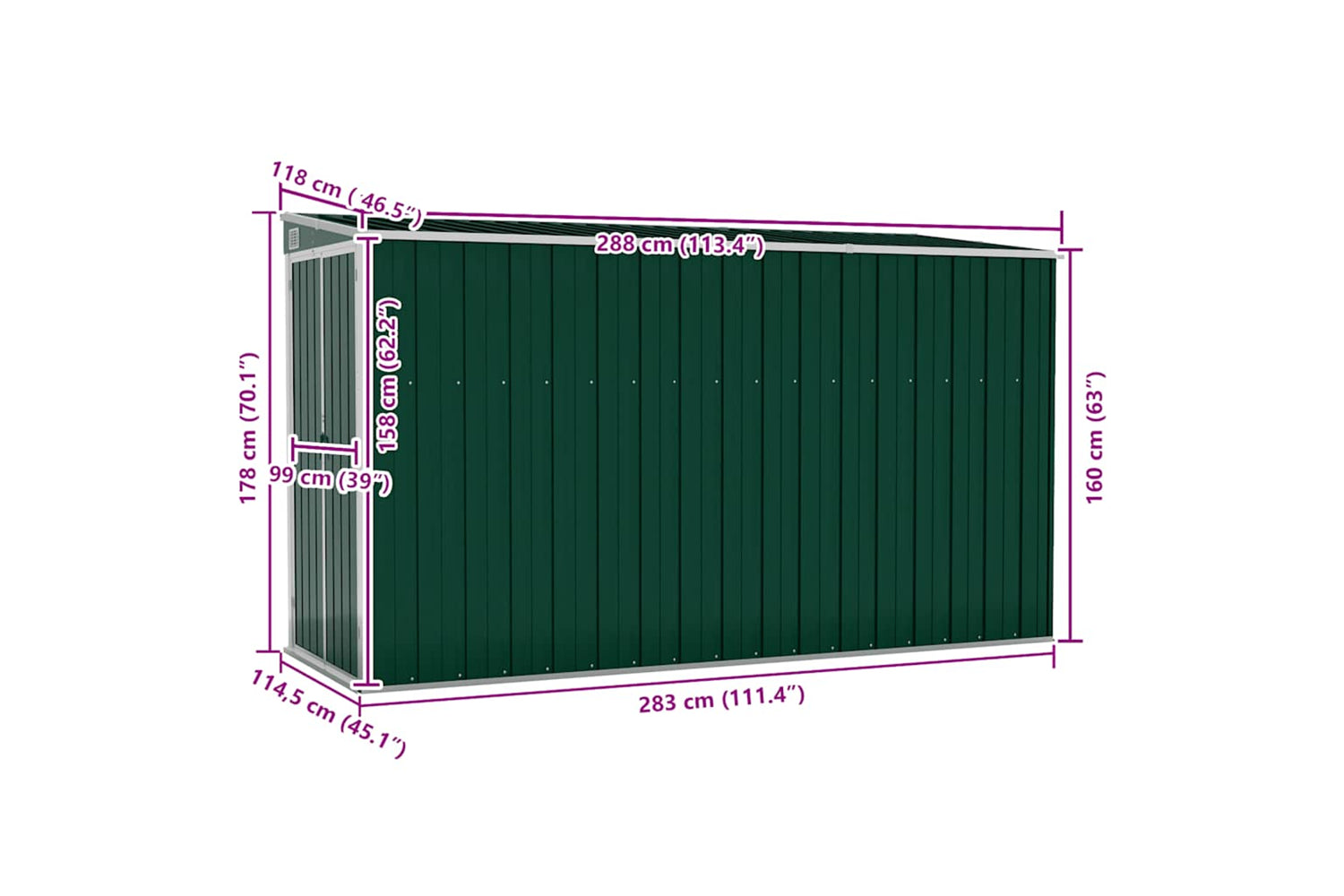 vidaXL 316225 Wall-mounted Garden Shed Green 118x288x178cm Galvanised Steel-6