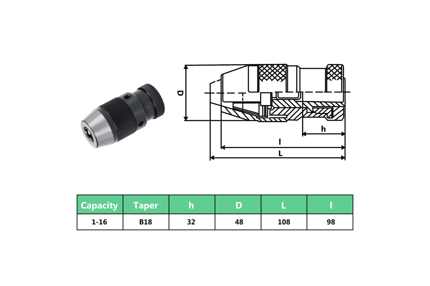 vidaXL 146696 Quick Release Drill Chuck Mt2-b18 With 16mm Clamping Range-9