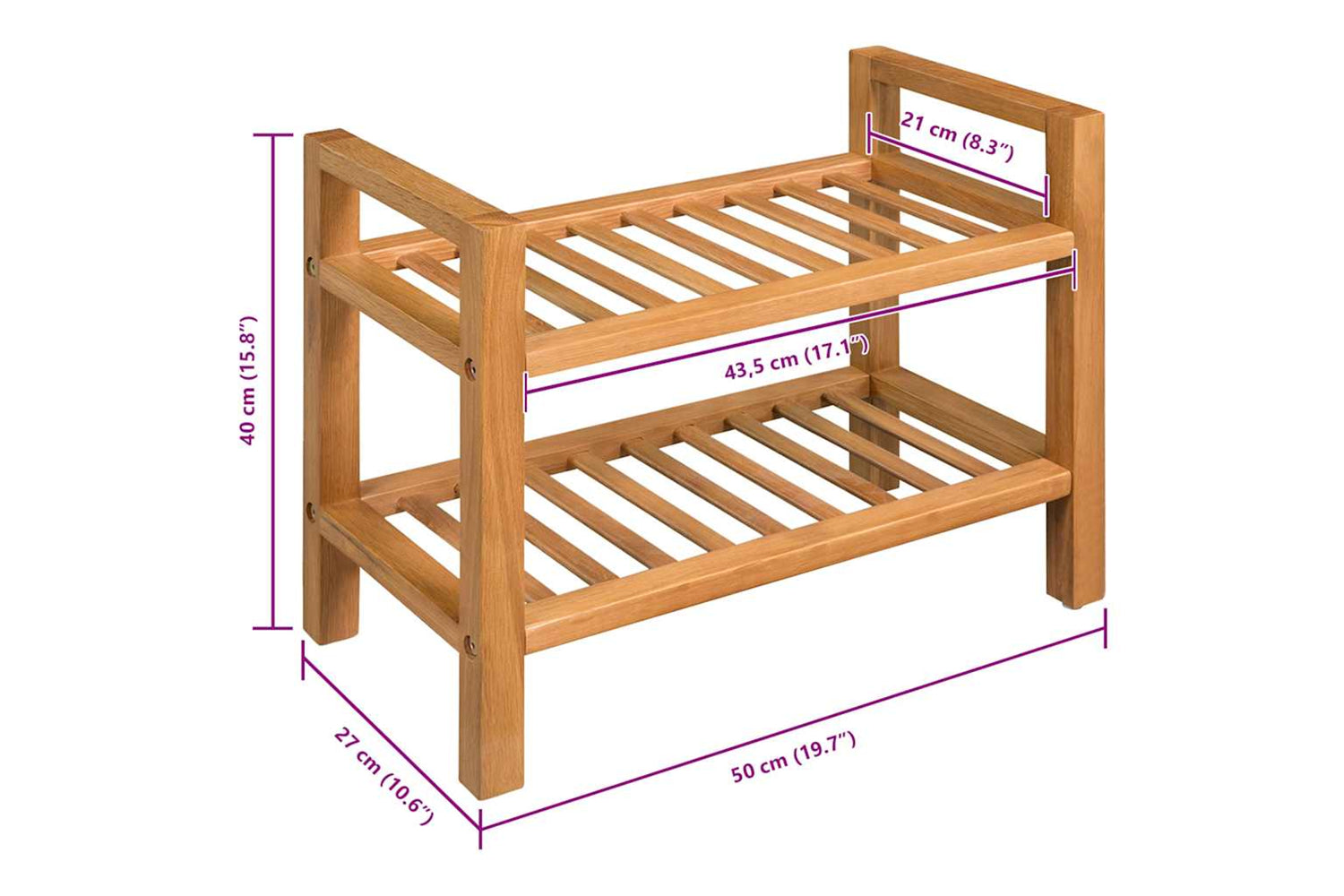 vidaXL 244208 Shoe Rack With 2 Shelves 50x27x40cm Solid Oak Wood-5