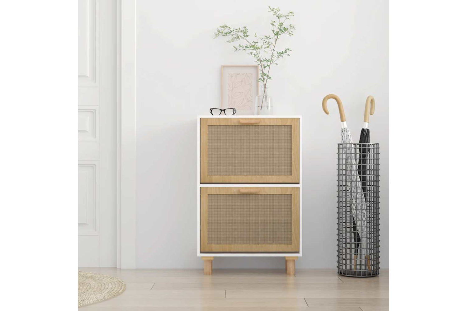 Vidaxl 345645 Shoe Cabinet White 52x25x80 Cm Engineered Wood&natural Rattan-2