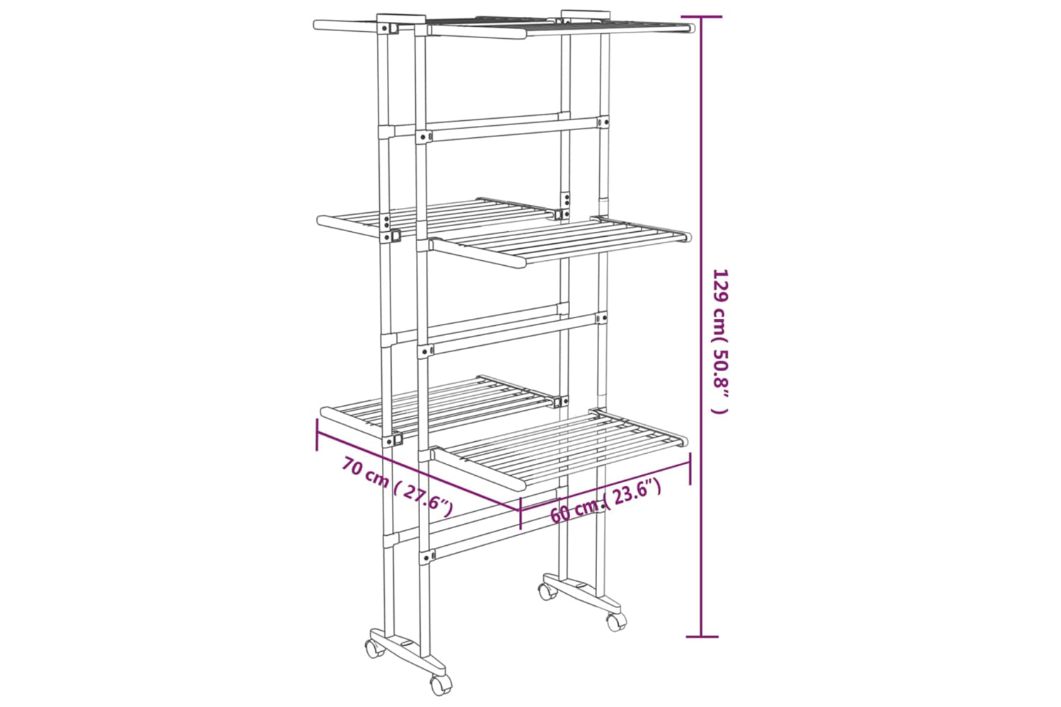 vidaXL 344376 3-tier Laundry Drying Rack With Wheels Silver 60x70x129cm-7