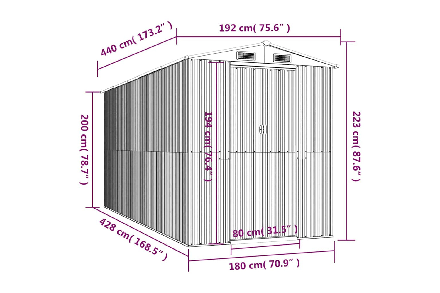 vidaXL 3147441 Garden Shed Light Grey 192x440x223cm Galvanised Steel-7