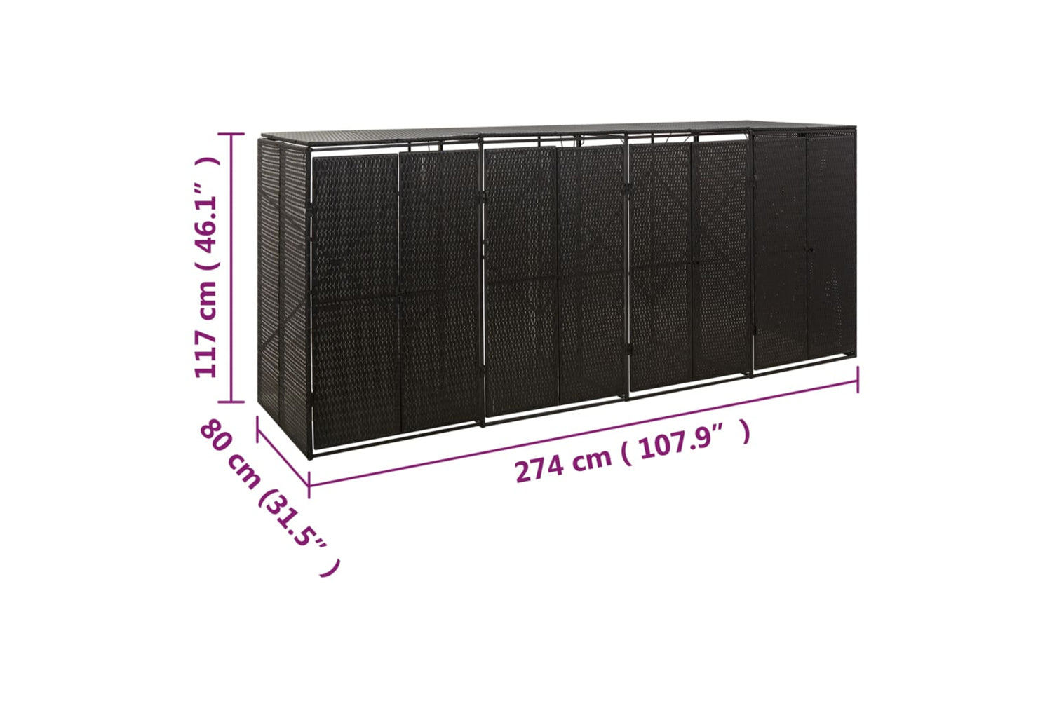 vidaXL 319863 Quadruple Wheelie Bin Shed Black 274x80x117cm Poly Rattan-7