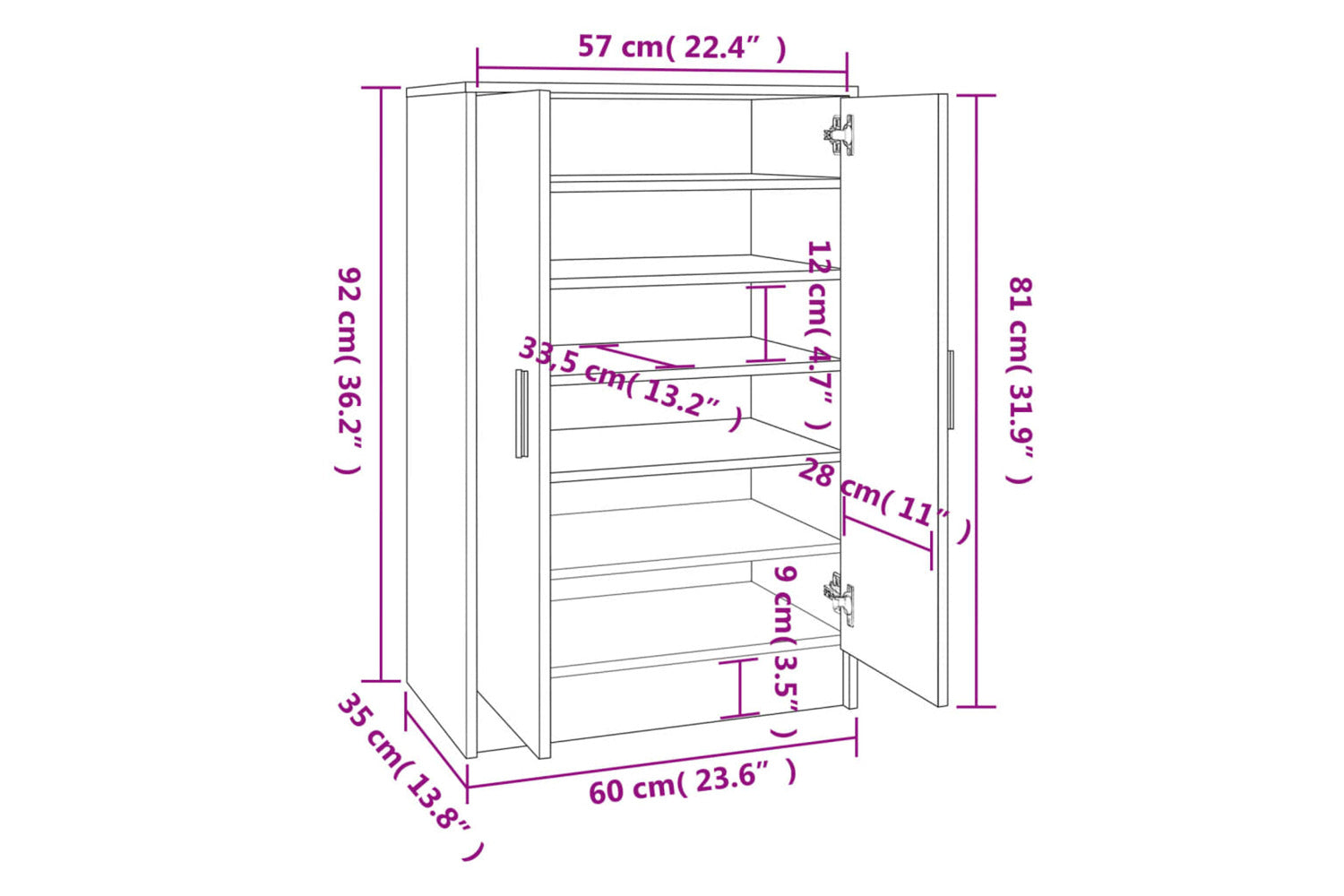 vidaXL Shoe Cabinet Black 60x35x92cm Engineered Wood-7