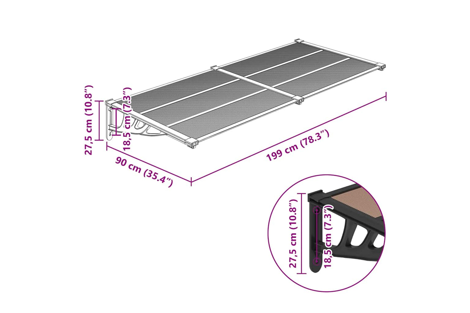 Vidaxl Door Canopy Black 199x90 Cm Polycarbonate-5