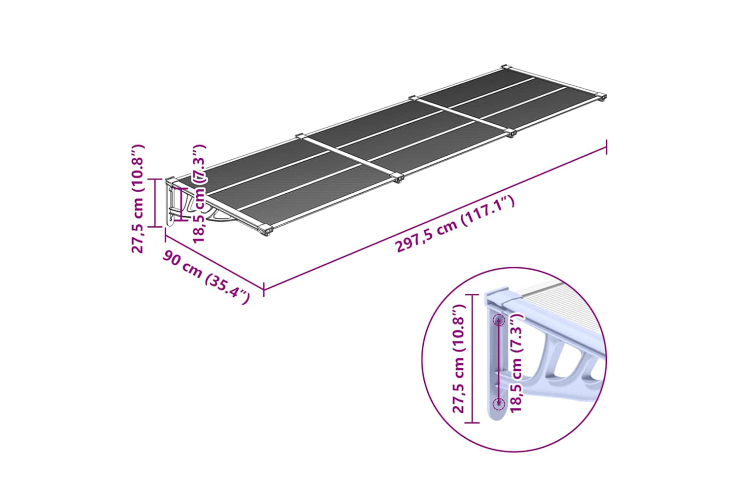 Vidaxl Door Canopy Grey And Transparent 297.5x90 Cm Polycarbonate-5