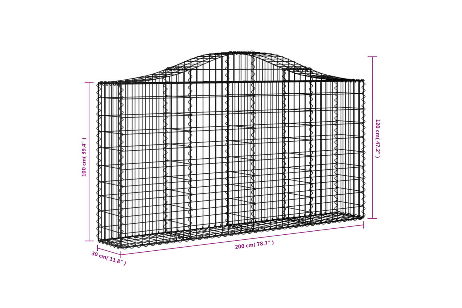 vidaXL 3145432 Arched Gabion Baskets 4 Pcs 200x30x100/120cm Galvanised Iron-5