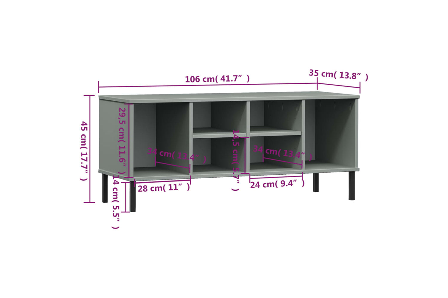 vidaXL 350995 Shoe Rack With Metal Legs Grey 106x35x45cm Solid Wood Oslo-6