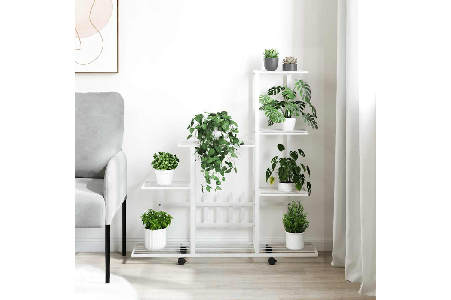 vidaXL 336115 Flower Stand With Wheel 94.5x25x92.5cm White Metal-2