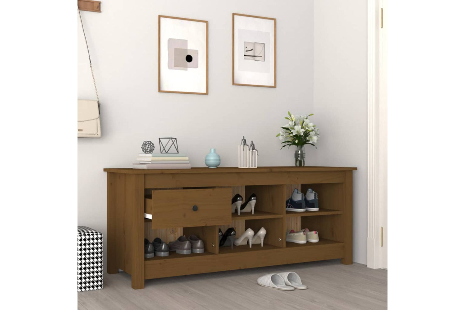 vidaXL 814597 Shoe Cabinet Honey Brown 110x38x45.5cm Solid Wood Pine-5