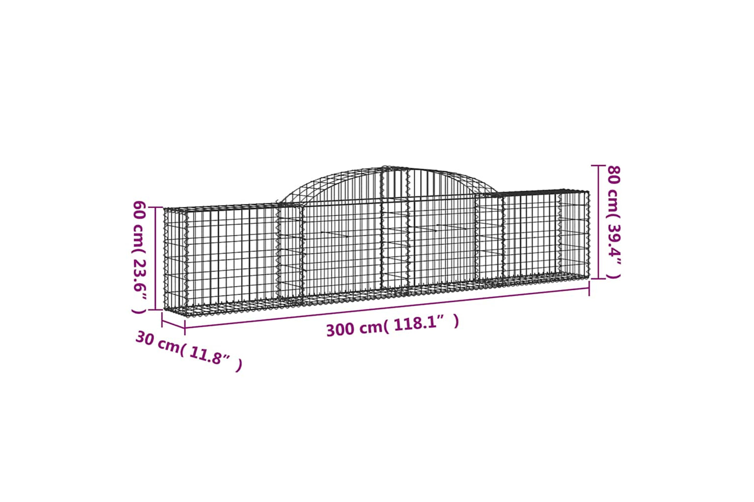 vidaXL 3146492 Arched Gabion Baskets 9 Pcs 300x30x60/80cm Galvanised Iron-5