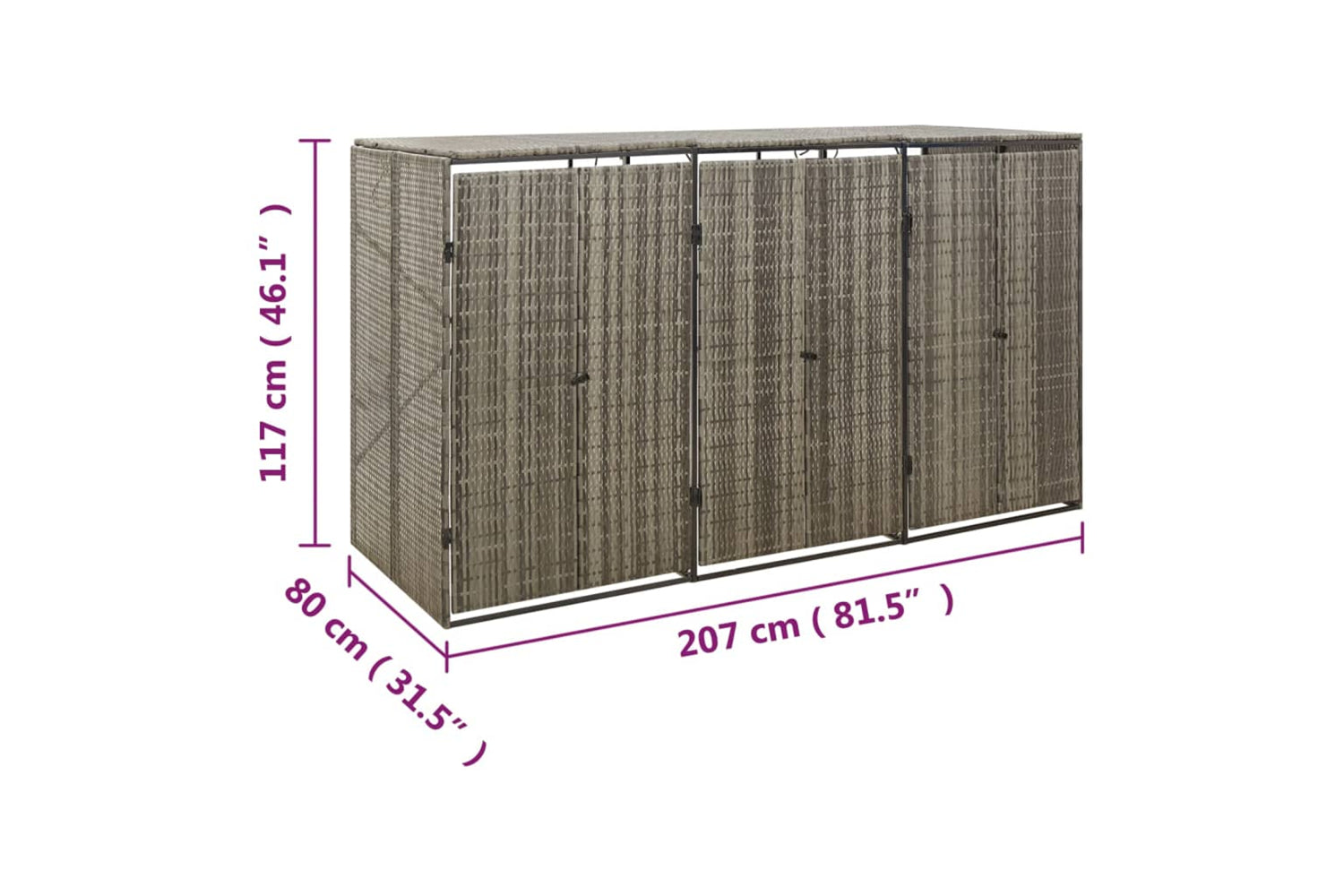 vidaXL 319866 Triple Wheelie Bin Shed Grey 207x80x117cm Poly Rattan-7