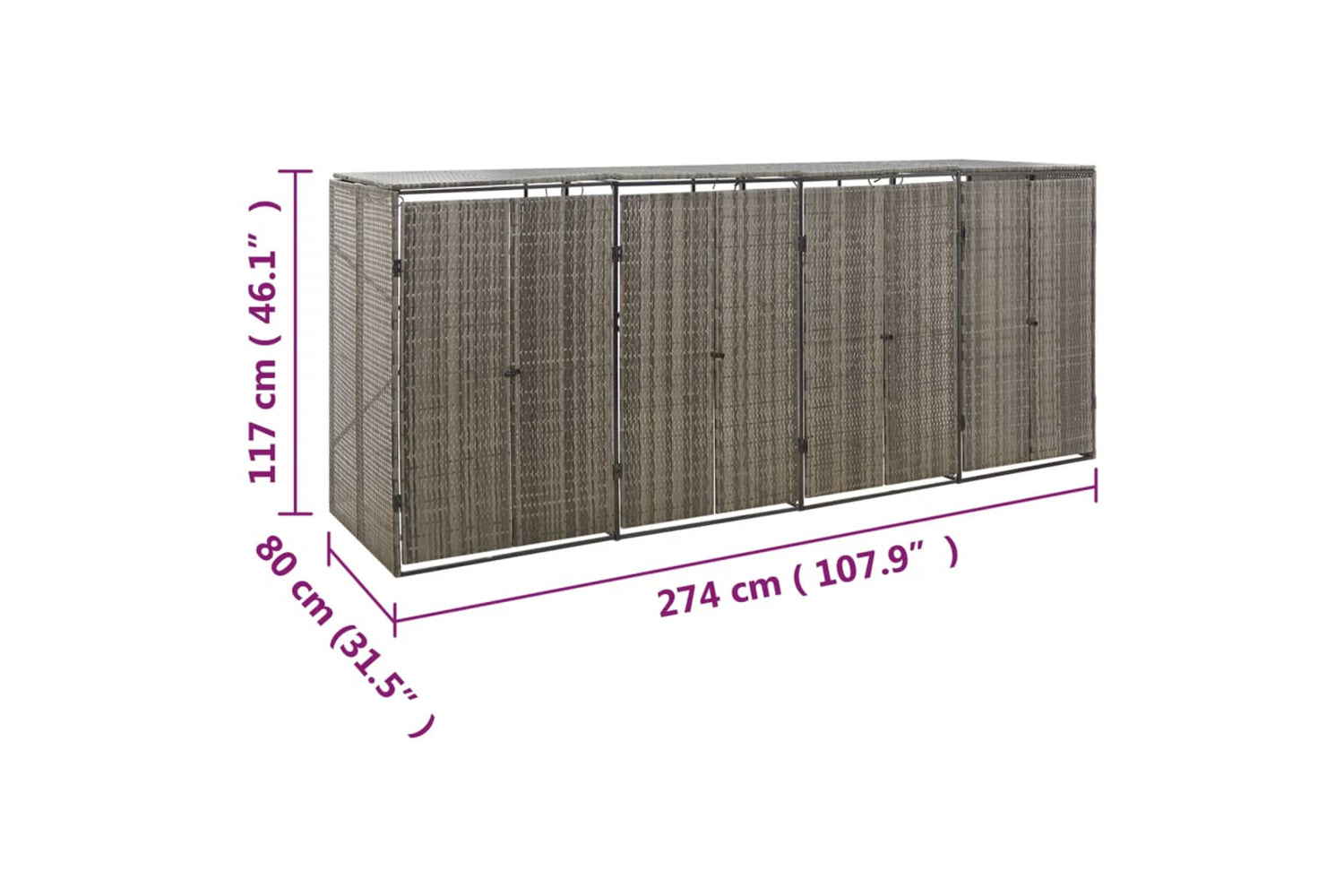 vidaXL 319867 Quadruple Wheelie Bin Shed Grey 274x80x117cm Poly Rattan-7