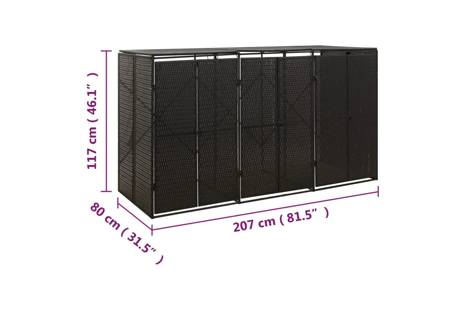vidaXL 319862 Triple Wheelie Bin Shed Black 207x80x117cm Poly Rattan-7