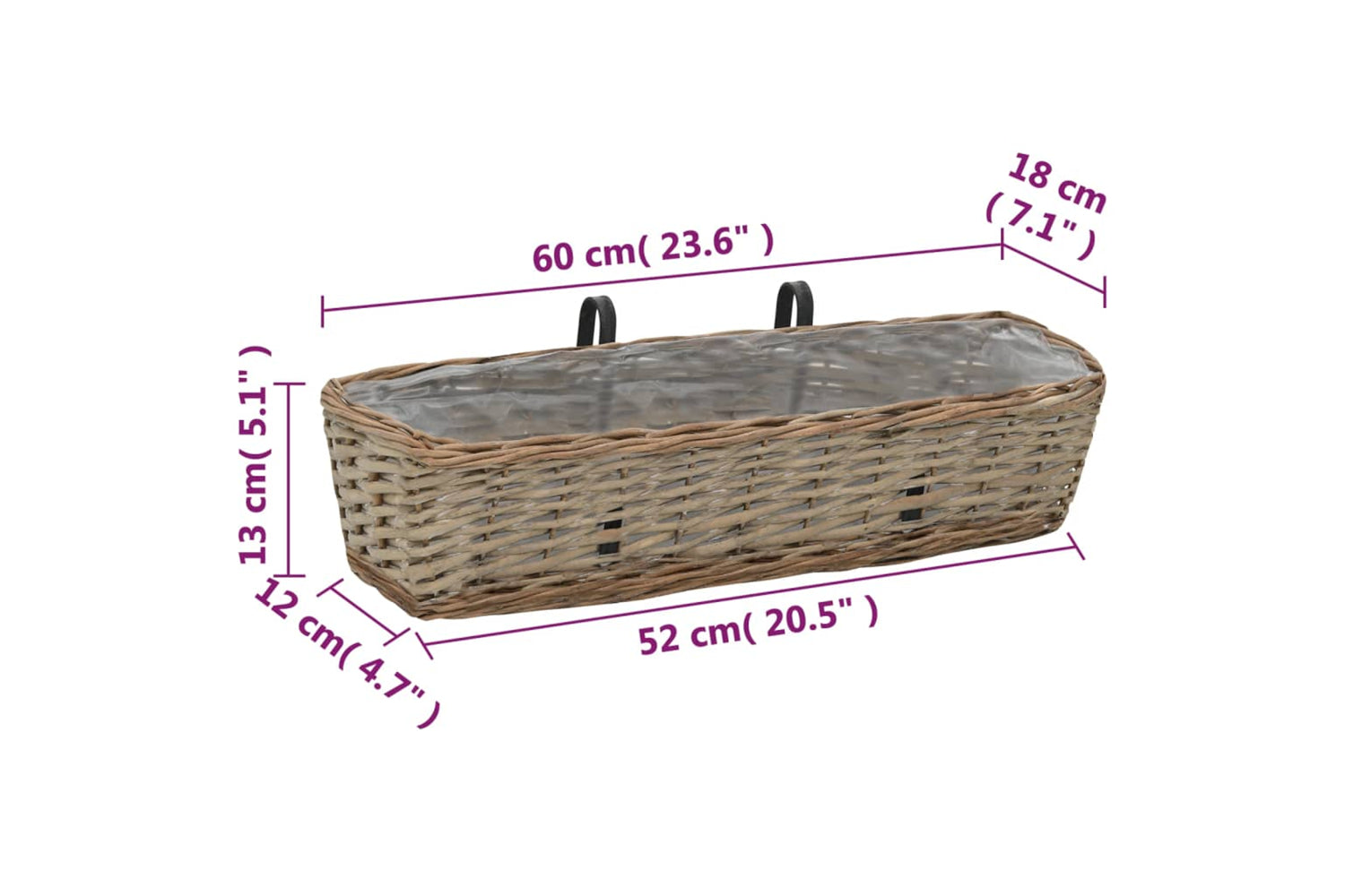 vidaXL 246829 Balcony Planter 2 Pcs Wicker With Pe Lining 60cm-6