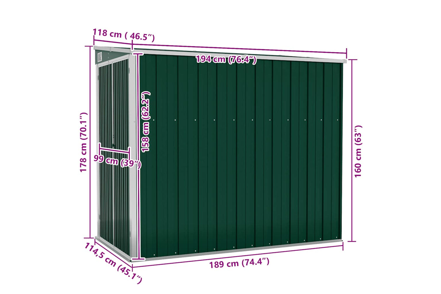 vidaXL 316221 Wall-mounted Garden Shed Green 118x194x178cm Galvanised Steel-6