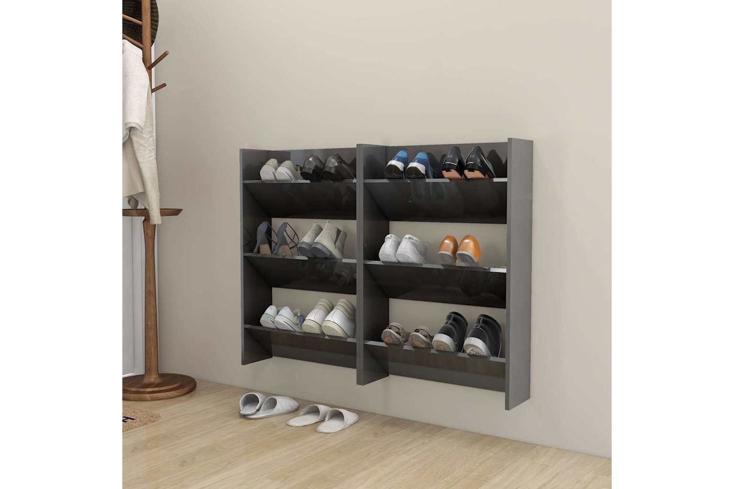 vidaXL 806776 Wall Shoe Cabinets 2 Pcs High Gloss Grey 60x18x90cm Engineered Wood-2