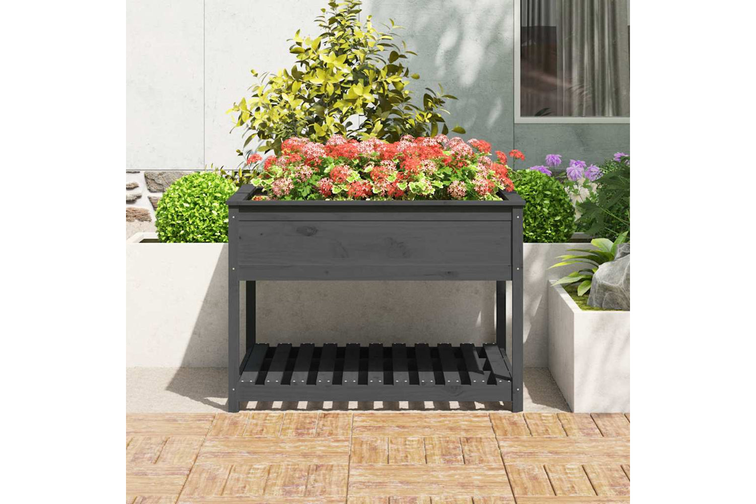 vidaXL 823803 Planter With Shelf Grey 111.5x111.5x81cm Solid Wood Pine-2