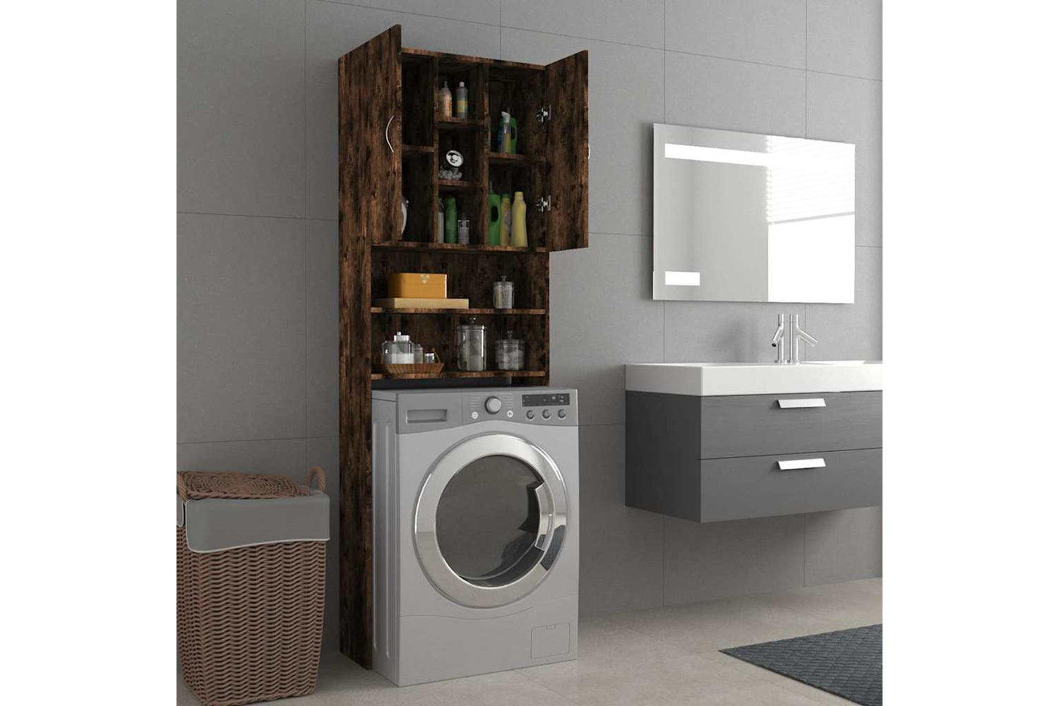 Vidaxl 815957 Washing Machine Cabinet Smoked Oak 64x25.5x190 Cm-2