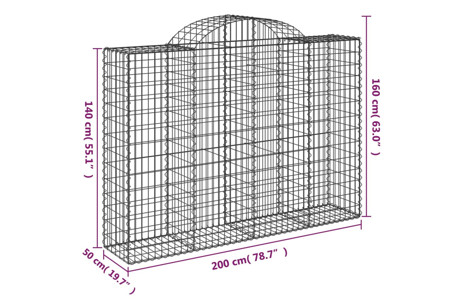 vidaXL 3146368 Arched Gabion Baskets 8 Pcs 200x50x140/160cm Galvanised Iron-5