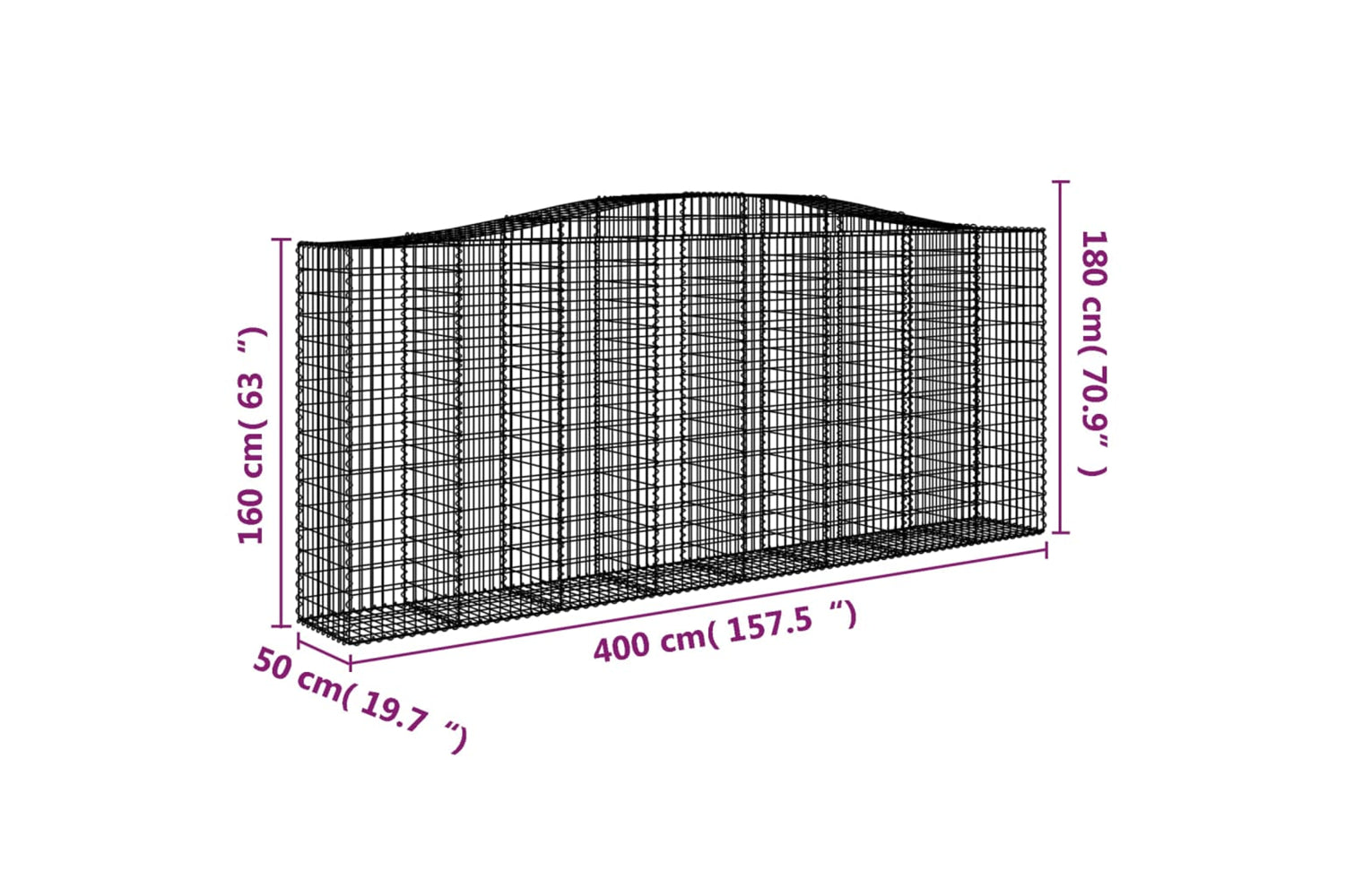 vidaXL 3145995 Arched Gabion Baskets 2 Pcs 400x50x160/180cm Galvanised Iron-5